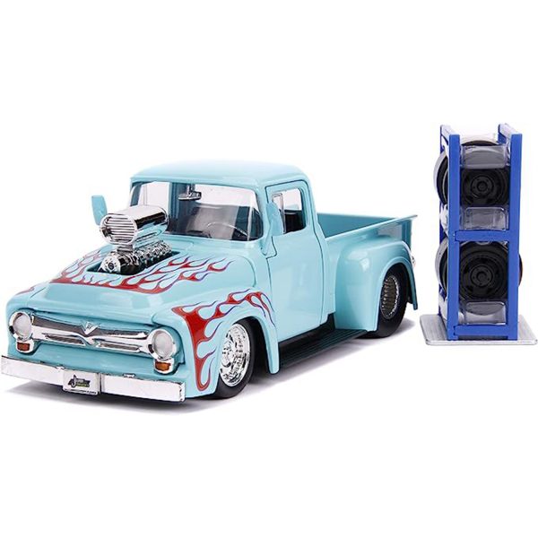 ماکت ماشین جادا مدل فلزی 1956 Ford F-100 Hot Rod Pickup with Extra Wheels Rack ‏ | سبز آبی | گارانتی اصالت و سلامت فیزیکی کالا
