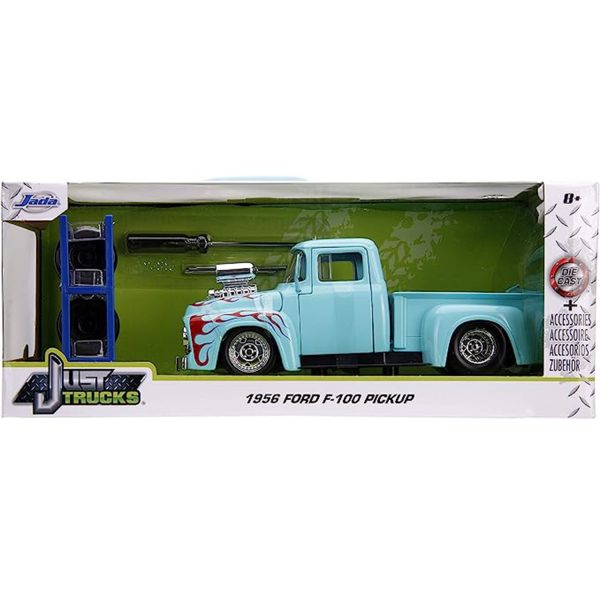 ماکت ماشین جادا مدل فلزی 1956 Ford F-100 Hot Rod Pickup with Extra Wheels Rack ‏ | سبز آبی | گارانتی اصالت و سلامت فیزیکی کالا